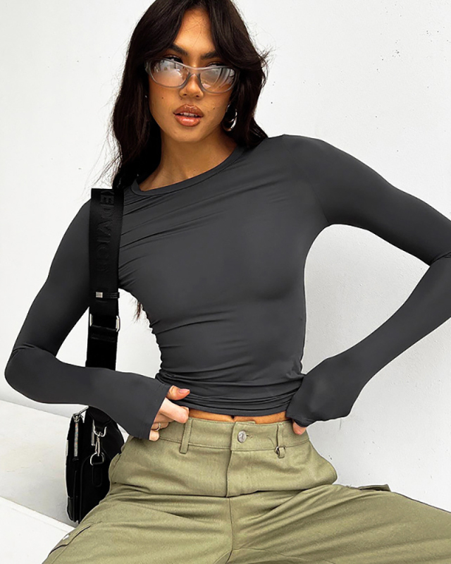 Hot Sale Women Long Sleeve O Neck Solid Color Slim Basic T-shirt XS-L