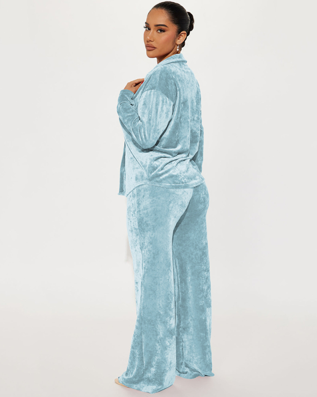 Women Long Sleeve Lapel Velvet Loose Wide Leg Pants Sets Two Pieces Outfit Light Blue Royal Blue Red S-XL