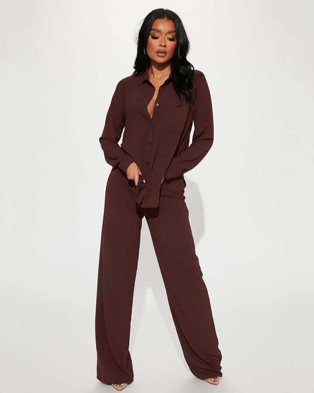 Women Long Sleeve Lapel Solid Color Casual Fashion Pants Sets Two Pieces Outfit Sky Blue Rosy Coffee S-XL