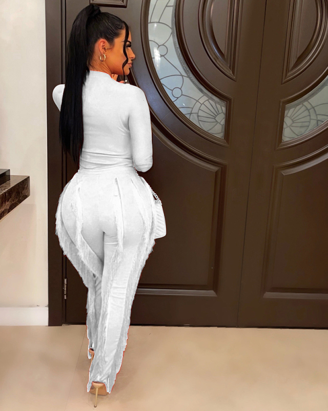 Women Long Sleeve Popular Tassels Pants Solid Color Two Pieces Outfit Pants Sets Black Red Rosy Yellow Green Blue White Orange S-2XL
