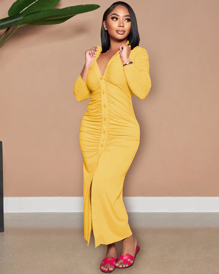 Autumn New V Neck Long Sleeve Women Ruched Solid Color Maxi Dresses Black Yellow Green Rosy Orange Red S-2XL