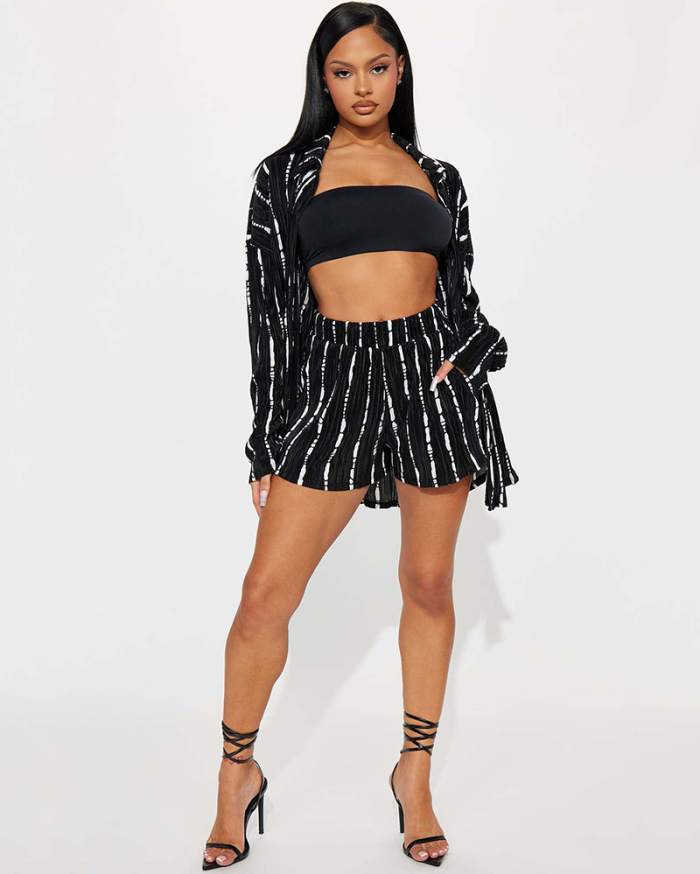 Sexy Fashion Ruched Lapel Women Stripe Shorts Sets Casual Two Pieces Outfit Black Orange Blue S-XL