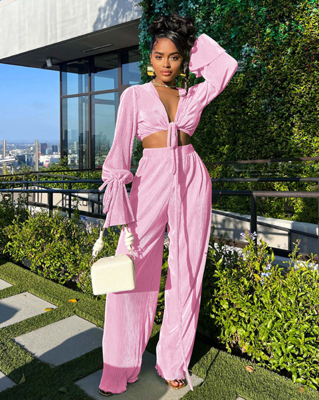 Women Long Sleeve V Neck Loose Vacation Pants Sets Two Pieces Outfit Yellow Pink White Black Red Green Blue S-2XL