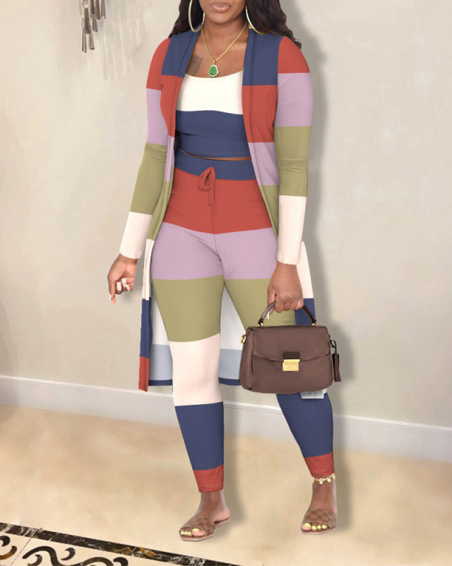 Women Long Sleeve Colorblock Printed Casual Pants Sets Three Pieces Outfit Yellow Orange Red White S-3XL