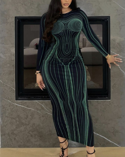 New Long Sleeve 3D Body Printed Bodycon Maxi Dresses Black S-XL