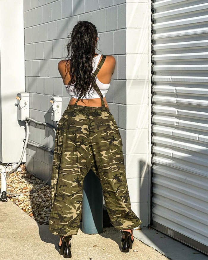 Popular Women Camo Loose Overalls Suspender Trousers Army Green Gray Deep Green S-2XL