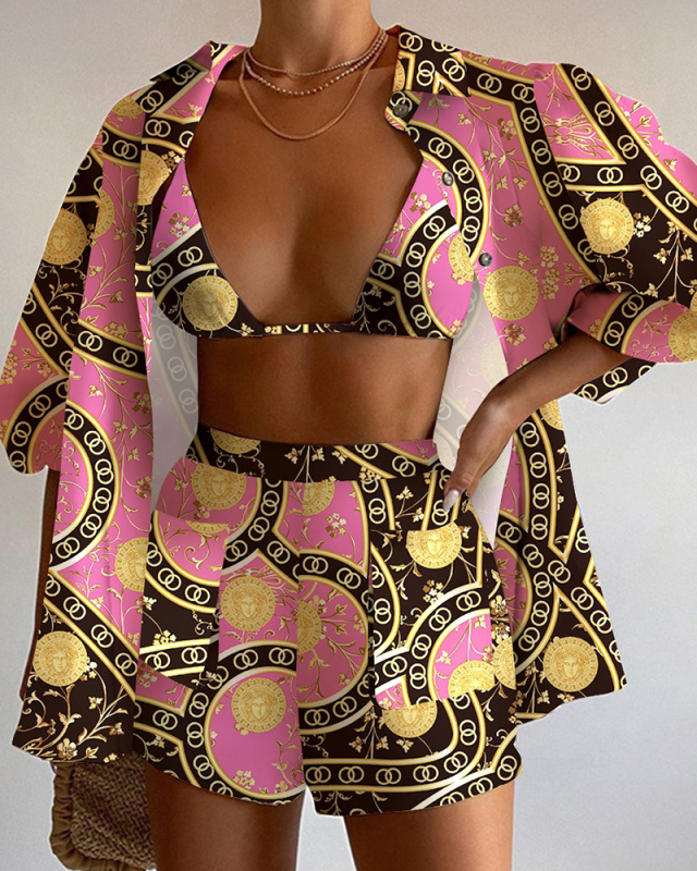 Fashion Casual Vocation Florals Boho Style Printed 3 Pieces Short Sets S-2XL