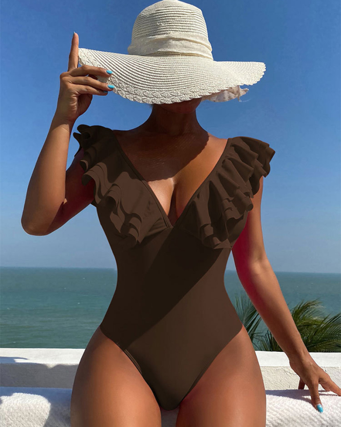 Deep V-neck Women Ruffle Hot One Piece Swimsuit S-XL