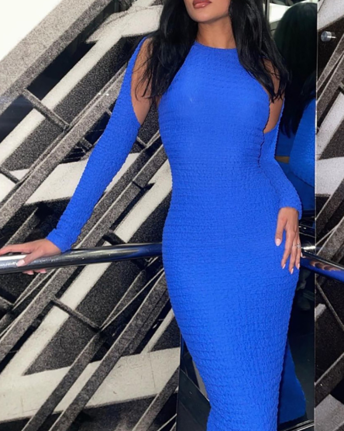 Women Solid Color Hollow Out Long Sleeve Sexy Slim Maxi Dresses Blue S-XL