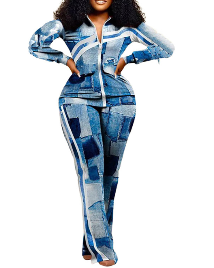 Hot Sale Women Long Sleeve Zipper Coat Patchwork Leopard Camo Printed Pants Sets Two Pieces Outfit S-3XL
