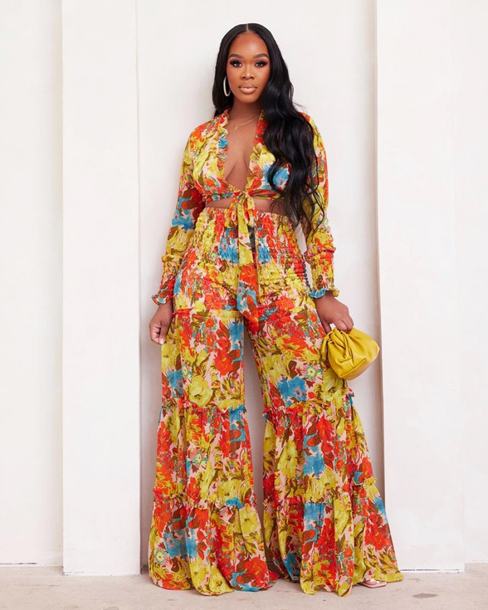 Florals Long Sleeve Strappy V Neck Flare Leg  Pants Sets Two Pieces Outfit Red Yellow Orange Green Blue S-2XL
