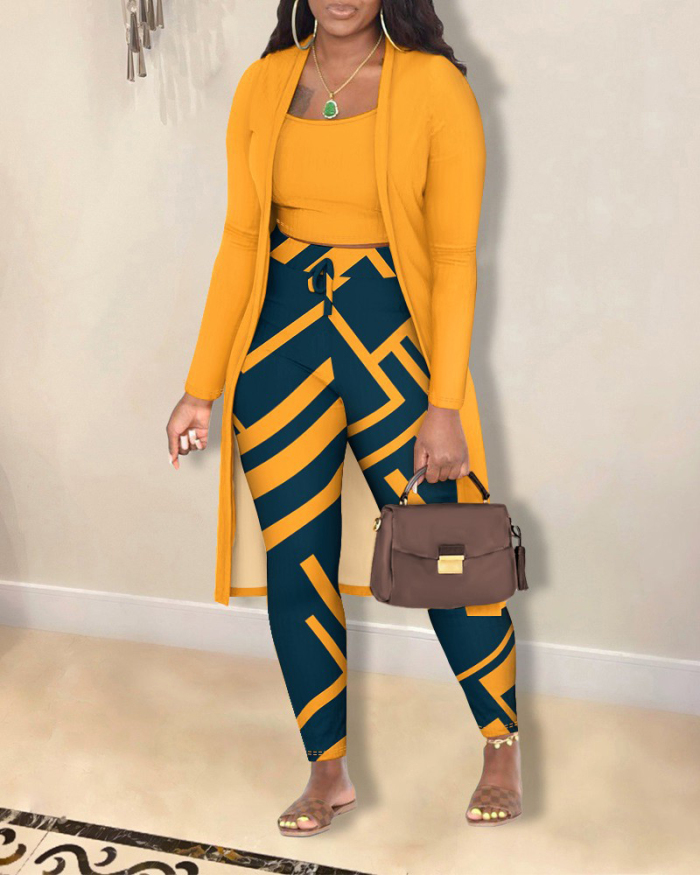 Women Long Sleeve Colorblock Printed Casual Pants Sets Three Pieces Outfit Yellow Orange Red White S-3XL