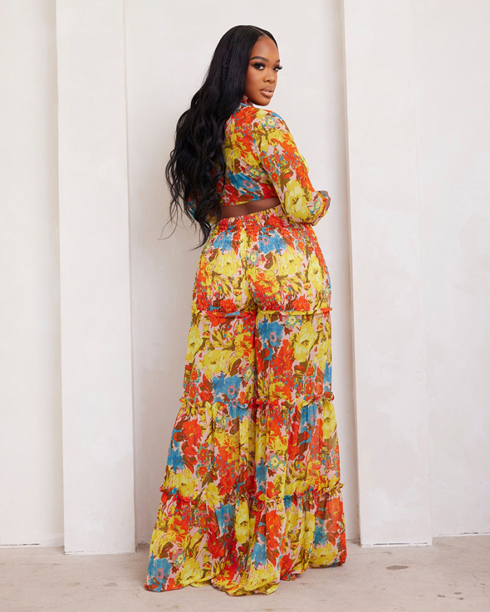 Florals Long Sleeve Strappy V Neck Flare Leg  Pants Sets Two Pieces Outfit Red Yellow Orange Green Blue S-2XL