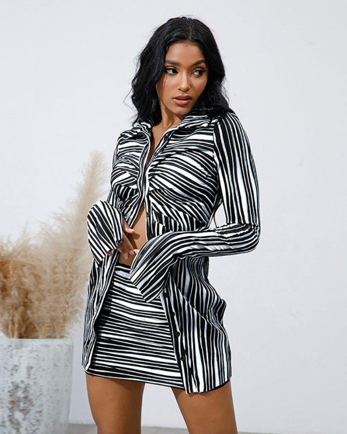 Women Long Sleeve Lapel Striped Deep V Neck Sexy Skirt Sets Two Pieces Outfit Black S-XL