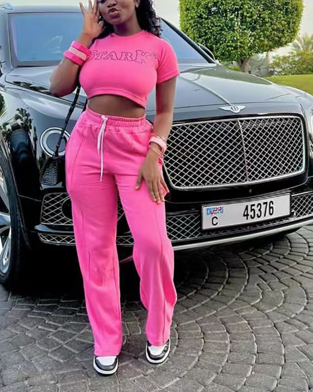 Women Letter Printing Casual Short Sleeve Loose Pants Sets Two Pieces Outfit Rose Yellow Blue S-XL
