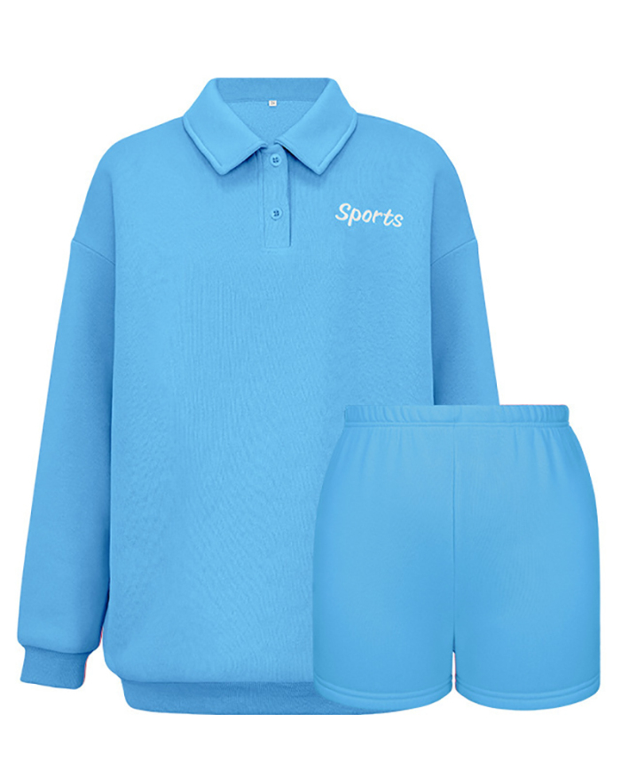 Women Lapel Sports Embroidered LOGO Long Sleeve Short Sets Two Pieces Outfit Pink Blue S-XL
