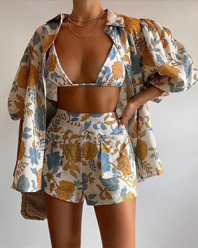 Fashion Casual Vocation Florals Boho Style Printed 3 Pieces Short Sets S-2XL