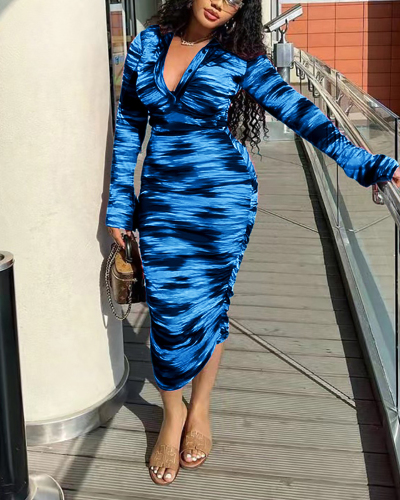 Women Long Sleeve Printed Ruched Lapel Sexy Bodycon Casual Midi Dresses Rosy Blue Green Orange S-XL