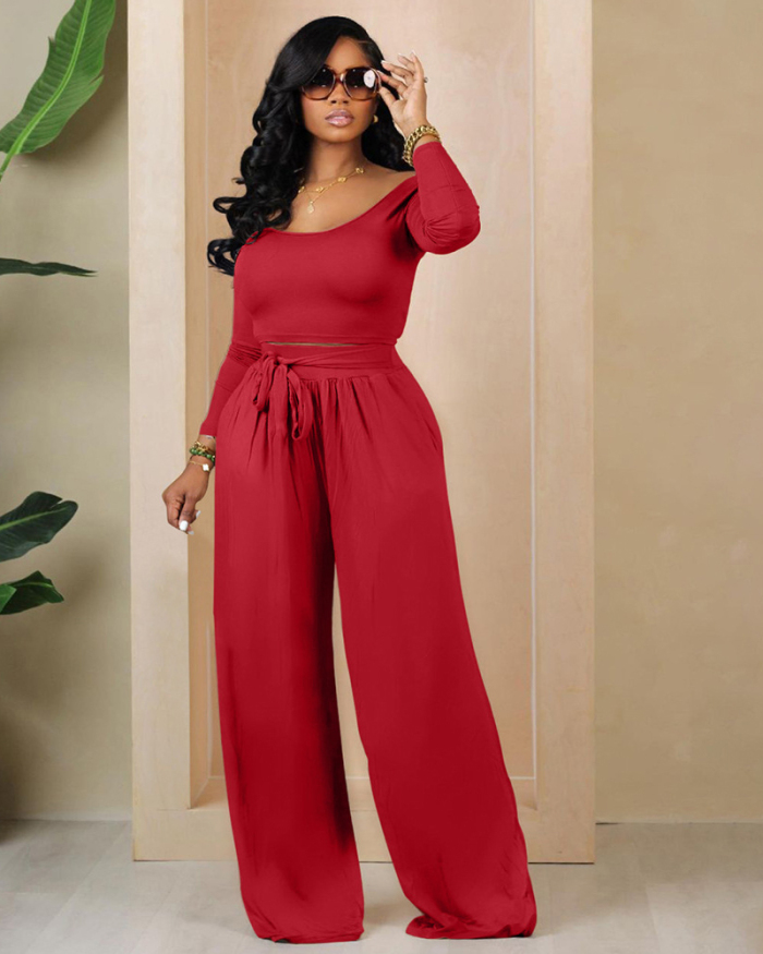 Women Long Sleeve Solid Color Knit Sashes Wide Leg Pants Sets Two Piece Sets Red Black Green Brown S-3XL