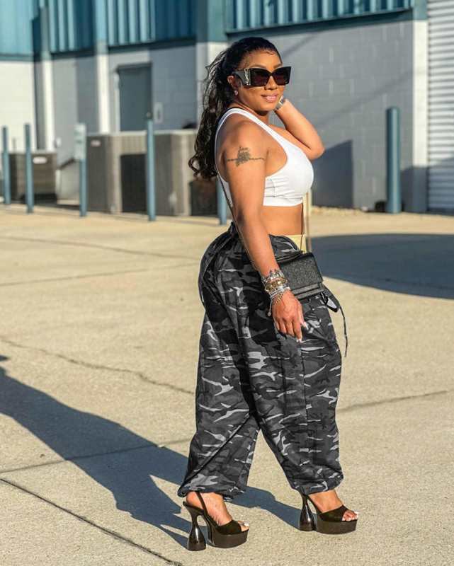Popular Women Camo Loose Overalls Suspender Trousers Army Green Gray Deep Green S-2XL