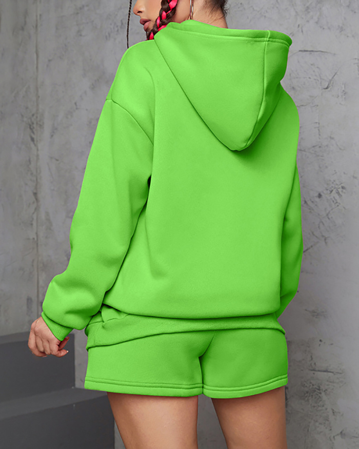 Women Long Sleeve Hoodies Set Short Sets Two Pieces Outfit Pink Blue Green Orange Black Brown S-XL