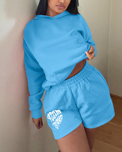 Popular Women Spring Autumn Long Sleeve Pink Blue Hoodies Short Sets Two Pieces Outfit S-XL