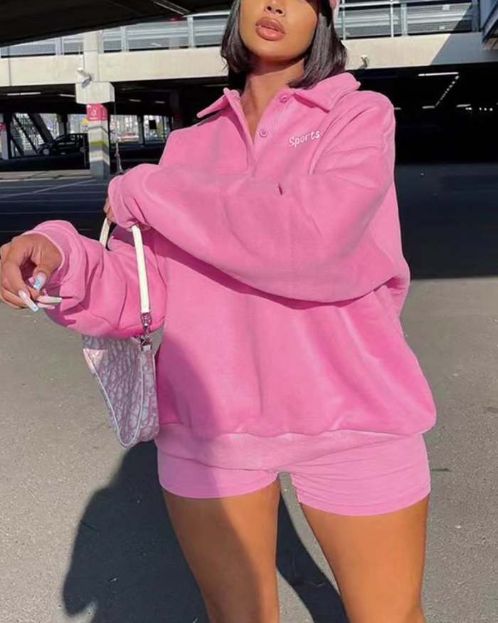 Women Lapel Sports Embroidered LOGO Long Sleeve Short Sets Two Pieces Outfit Pink Blue S-XL