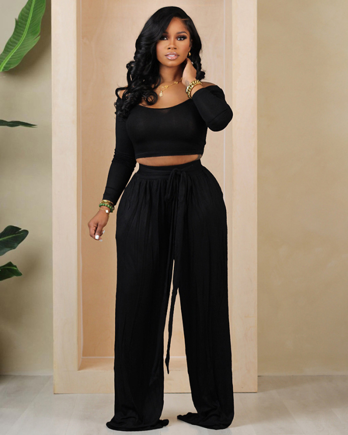 Women Long Sleeve Solid Color Knit Sashes Wide Leg Pants Sets Two Piece Sets Red Black Green Brown S-3XL