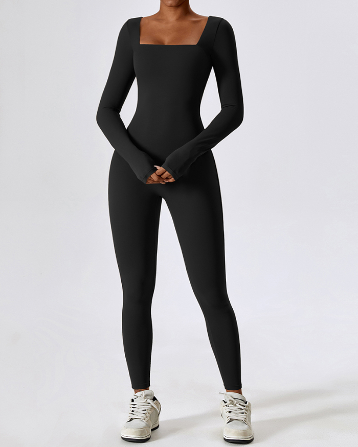 Autumn Square Neck Quick Dry Long Sleeve Solid Color Slim Tight  Yoga Jumpsuit Black Apricot Coffee Blue S-XL