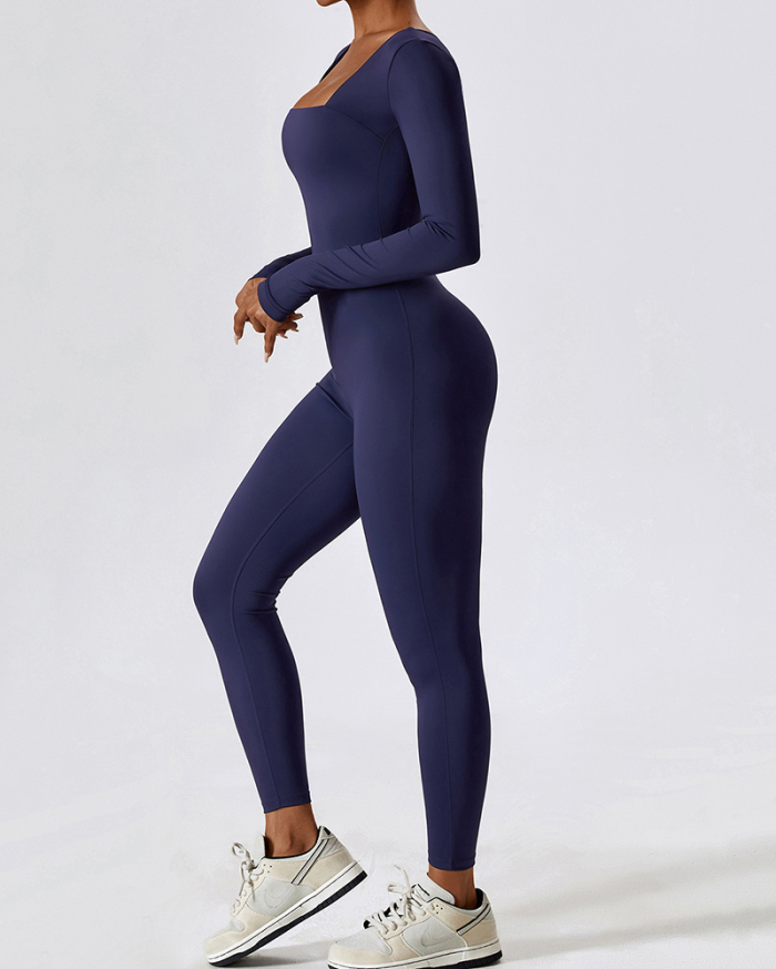 Autumn Square Neck Quick Dry Long Sleeve Solid Color Slim Tight  Yoga Jumpsuit Black Apricot Coffee Blue S-XL