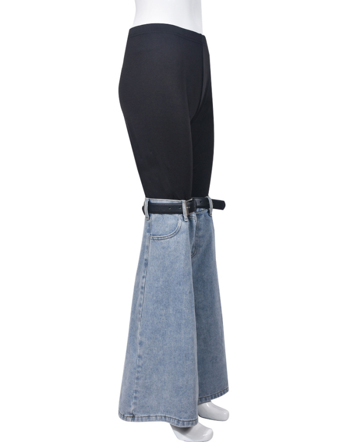 Woman Fashion Street Style Patchwork Wide Leg Flare Jeans Pants Black Light Blue S-XL