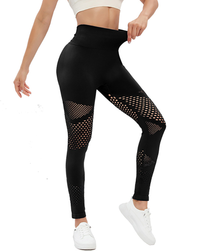 Women Hollow Out High Waist Sports Tight Fitness Sports Pants Black Blue S-L