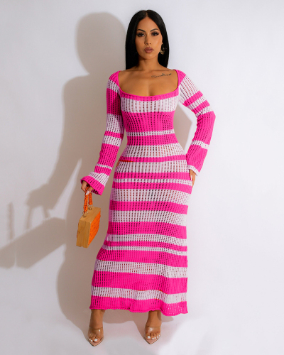 Woman Knit Barbie Pink Square Neck Long Sleeve Striped Maxi Casual Dresses Rosy Orange S-XL