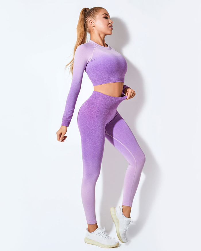 Women Gradation Bra Long Sleeve Top Sports Yoga Two-piece Pants Ses Short Sets Black Pink Purple Blue S-L