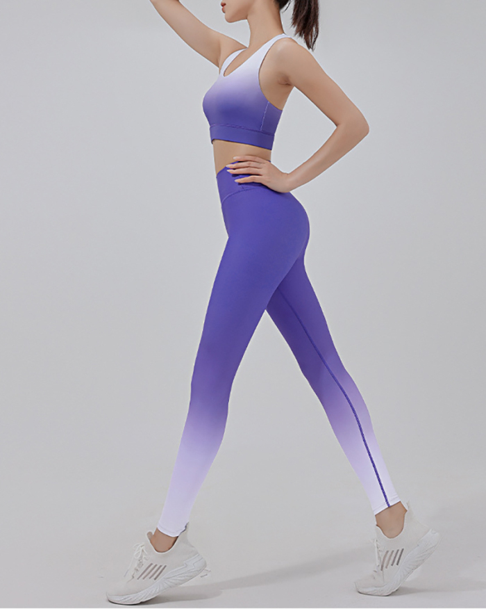 Women Fixed Cup Sports Casual Running Fitness Pants Gradient Yoga Wear Pants Sets Purple Green Blue Rosy S-XL