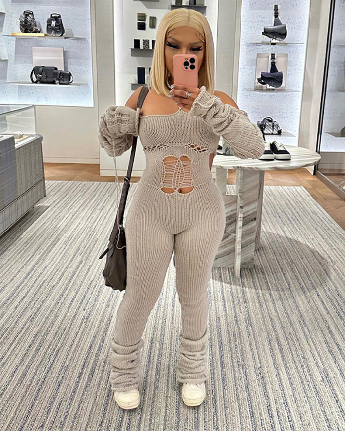 Women Autumn New Long Sleeve Hollow Out Sexy Knit Jumpsuit Gray White Black S-L