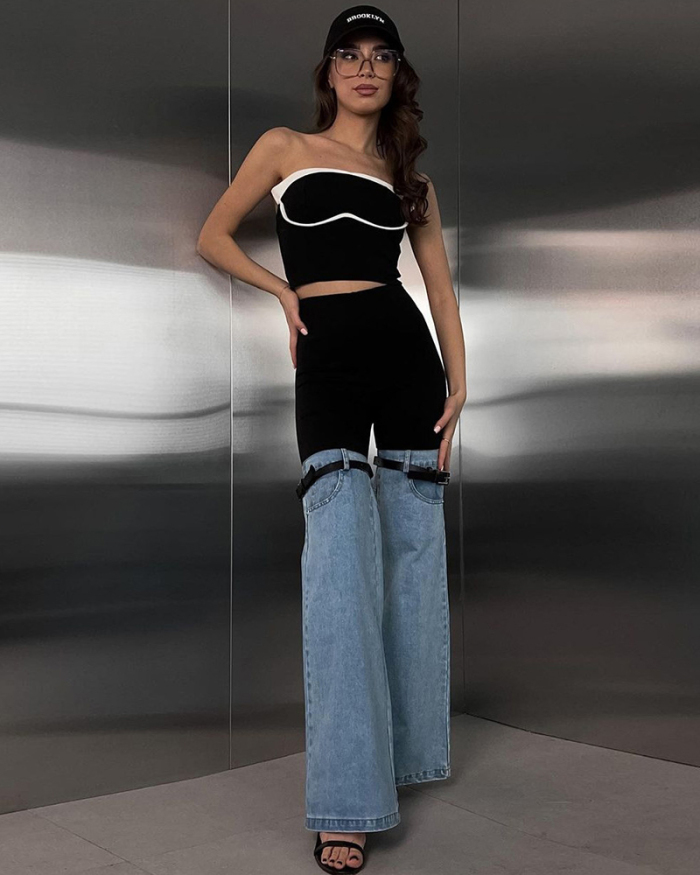 Woman Fashion Street Style Patchwork Wide Leg Flare Jeans Pants Black Light Blue S-XL