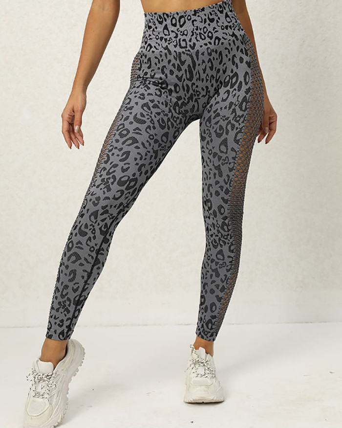 Popular Women Hollow Out Breathable Leopard Printed Running Sports Pants Gray Deep Gray S-L