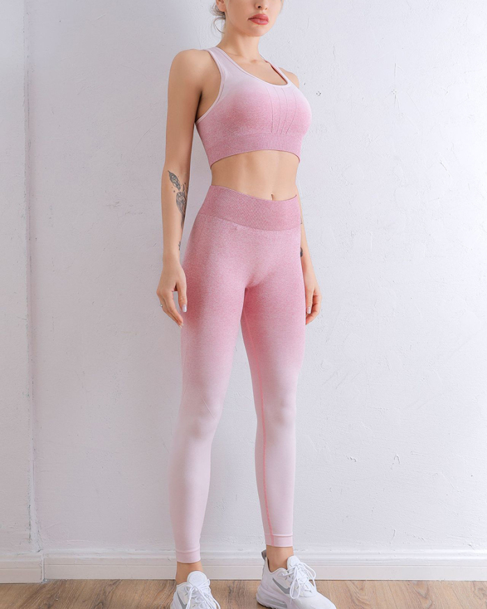 Seamless Knit Fitness Gradation Sport High Waist Quick Dry Pants Set Yoga Two Piece S-L