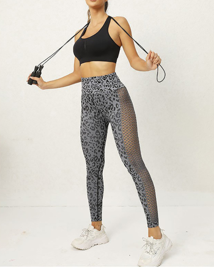 Popular Women Hollow Out Breathable Leopard Printed Running Sports Pants Gray Deep Gray S-L