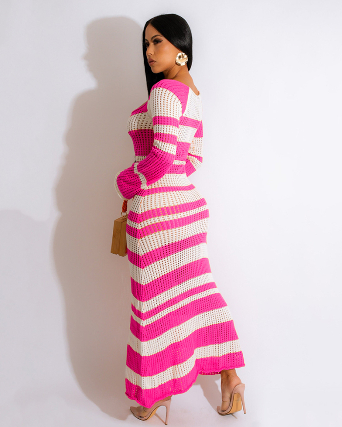 Woman Knit Barbie Pink Square Neck Long Sleeve Striped Maxi Casual Dresses Rosy Orange S-XL