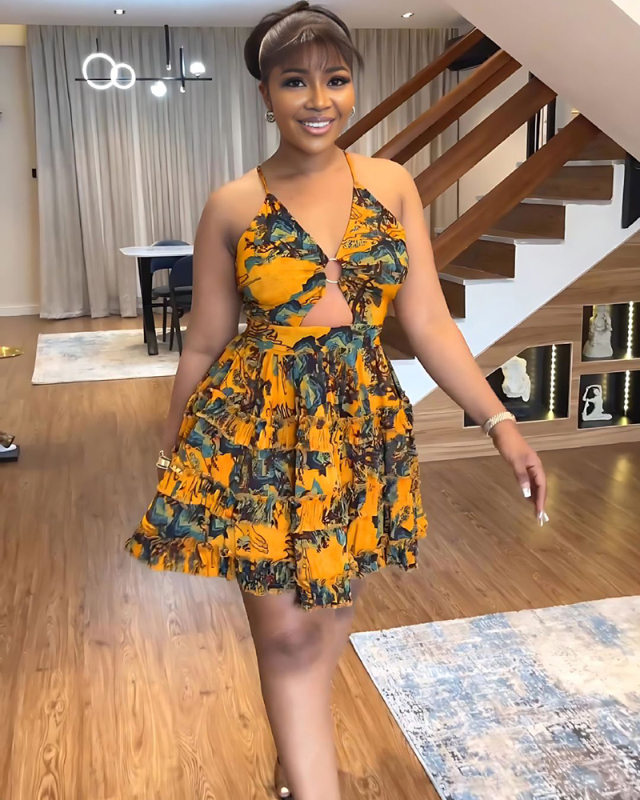 Yellow Sleeveless Women Printed Vacation Dress S-XL