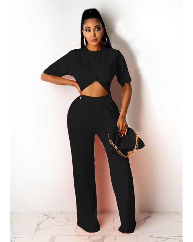 Short Sleeve Solid Color Women Casual Two Piece Pant Set S-3XL
