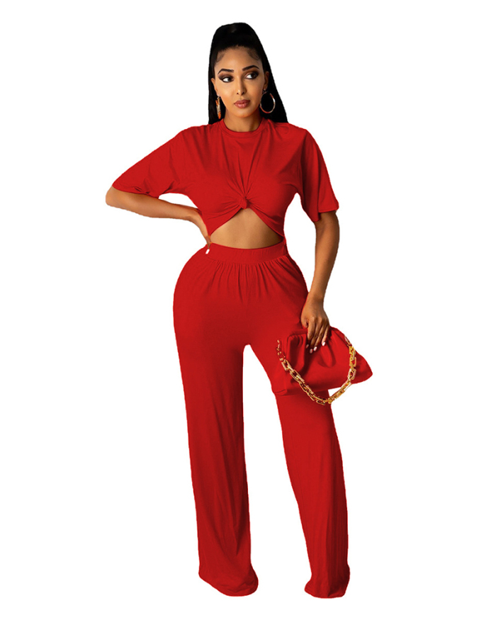 Short Sleeve Solid Color Women Casual Two Piece Pant Set S-3XL
