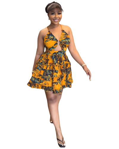Yellow Sleeveless Women Printed Vacation Dress S-XL