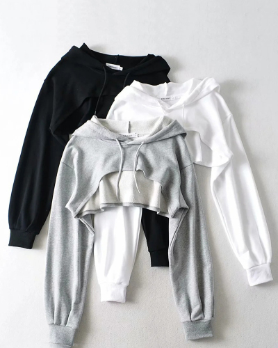 Women Hoodies Pullover Long Sleeve Irregular Top White Gray Black S-L