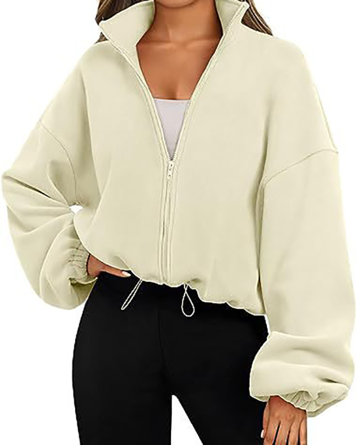 Women Long Sleeve Solid Color Stand Neck Sports Coat S-2XL