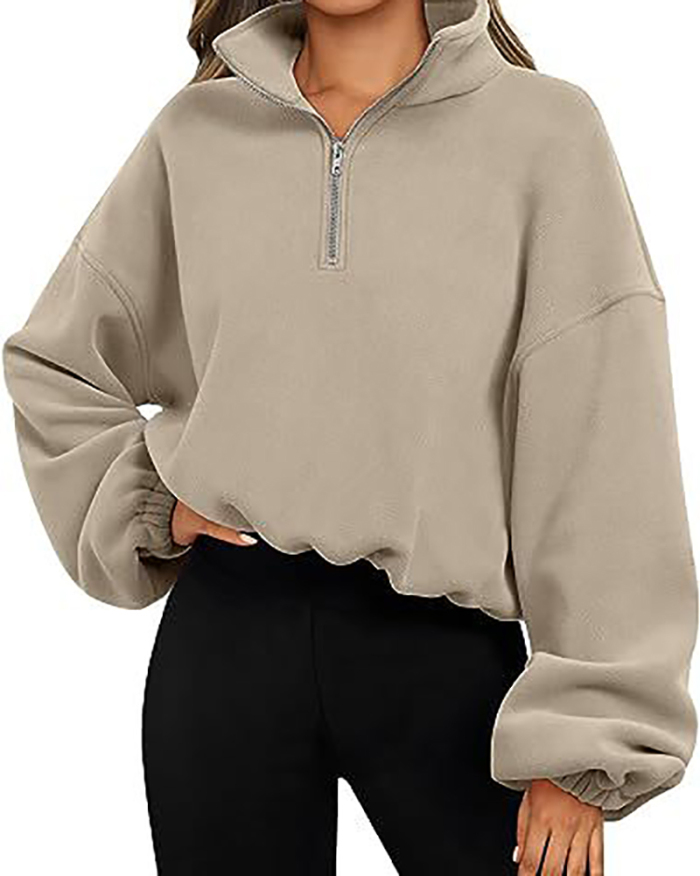 Woman Popular Long Sleeve Stand Zipper Neck Loose Pullover S-XL