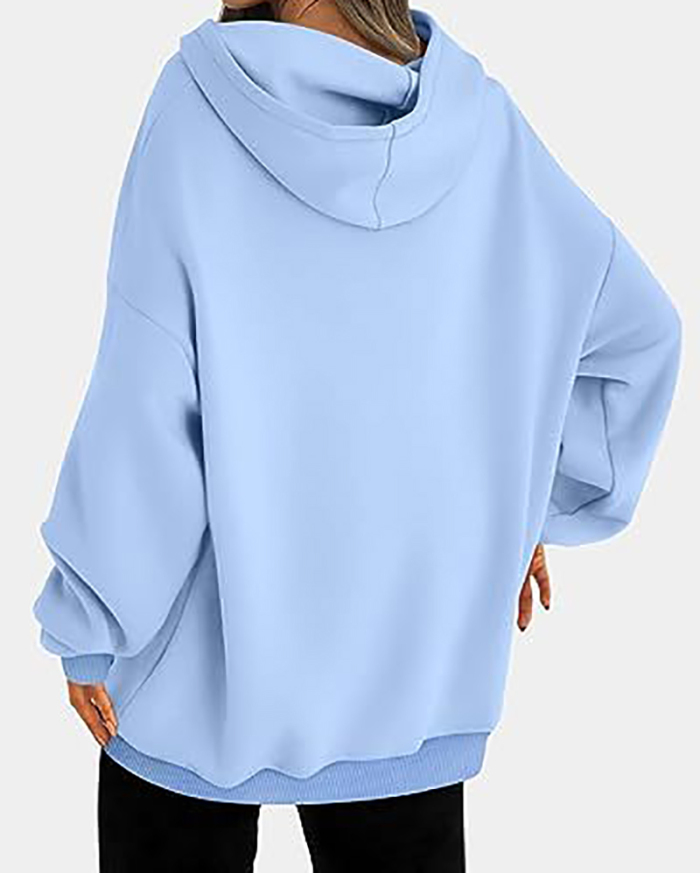 Women Long Sleeve Solid Color Hooded Loose Pullover Tops S-XL