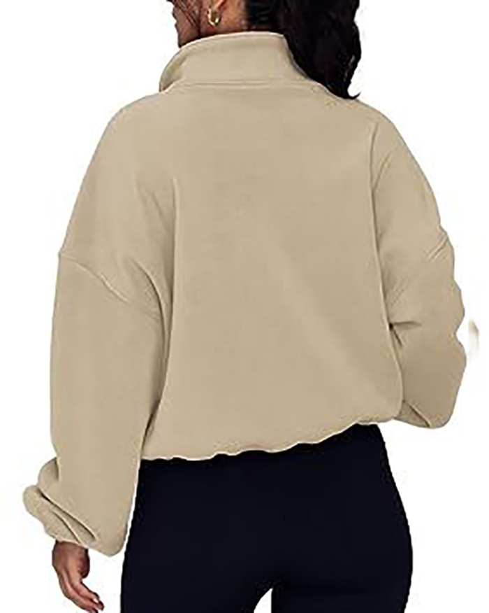 Woman Popular Long Sleeve Stand Zipper Neck Loose Pullover S-XL
